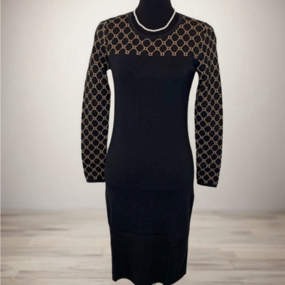 Carmen Marc Valvo Black & Tan Bodycon Long Sleeve Knit Dress Size S